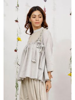 Tjori - Beige Cotton Khaadi Side Tie-Up Flared Short Kurta