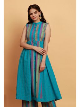 Tjori - Blue Flared Sleeveless Woven Anarkali Kurta