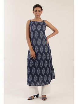 Tjori - Blue Color Cotton Slip with White Motif Kurta