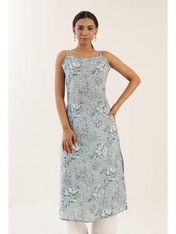 Tjori - Grey Color Cotton Slip with Multicolor Motif Kurta