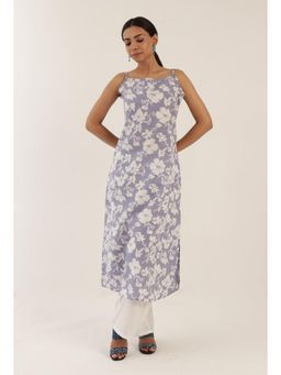 Tjori - Blue Color Cotton Slip with White Motif Kurta