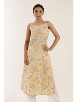 Tjori - Yellow Color Cotton Slip with Multicolor Motif Kurta