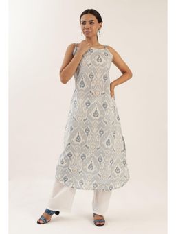 Tjori - Grey Color Cotton Slip with Multicolor Motif Kurta