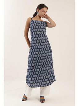 Tjori - Blue Color Cotton Slip with White Motif Kurta