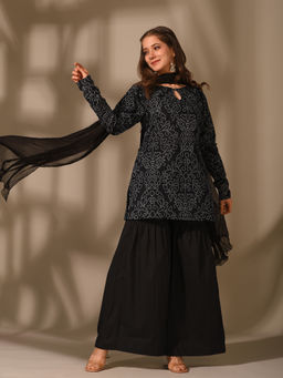 DIMPLE DESIGN STUDIO - Black Bandhani Sharara (Set of 3)