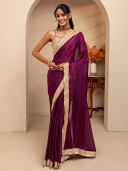 Libas - Burgundy Zari Gotta Lace Border Saree With Unstitched Blouse