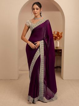 Libas - Burgundy Embroidered Border Saree With Unstitched Blouse