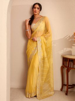 Libas - Yellow Embroidered Stone Work Border Saree With Unstitched Blouse