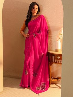 Libas - Pink Floral Patchwork Beads Embellished Tassel Border Saree With Unstitched Blouse