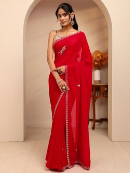 Libas - Red Beads Embellished Border Saree With Unstitched Blouse
