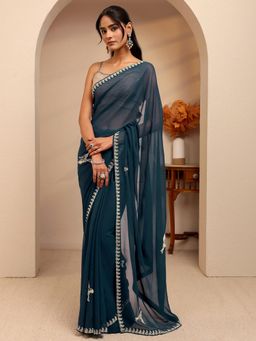 Libas - Blue Beads Embellished Border Saree With Unstitched Blouse