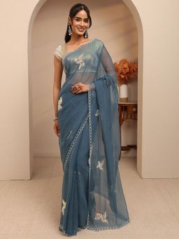 Libas - Blue Bird Beads Embellished Border Saree With Unstitched Blouse