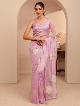 Libas - Lavender Ethnic Motif Patchwork Beads Embellished Border Saree With Unstitched Blouse