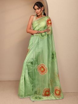 Libas - Green Floral Patchwork Beads Embellished Tassel Border Saree With Unstitched Blouse