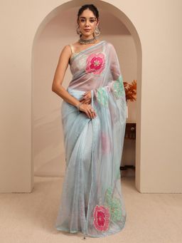 Libas - Blue Floral Patchwork Beads Embellished Tassel Border Saree With Unstitched Blouse