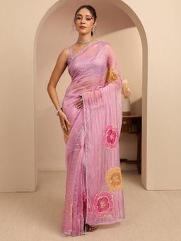 Libas - Pink Floral Patchwork Beads Embellished Tassel Border Saree With Unstitched Blouse