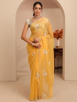 Libas - Yellow Floral Beads Embellished Border Saree With Unstitched Blouse
