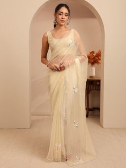 Libas - Cream Floral Beads Embellished Border Saree With Unstitched Blouse