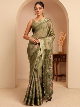 Libas - Green Zari Embellished Woven Design Saree With Unstitched Blouse