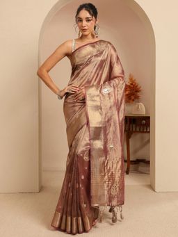 Libas - Mauve Floral Zari And Embellished Woven Design Border Saree With Unstitched Blouse