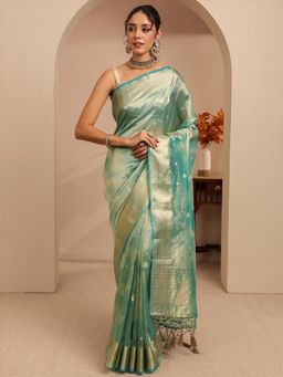 Libas - Blue Floral Zari And Embellished Woven Design Border Saree With Unstitched Blouse