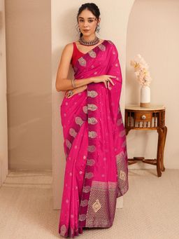 Libas - Pink Ethnic Motif Woven Design Border Saree With Unstitched Blouse