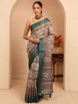Libas - Beige Tribal Printed Zari Woven Design Border Saree With Unstitched Blouse