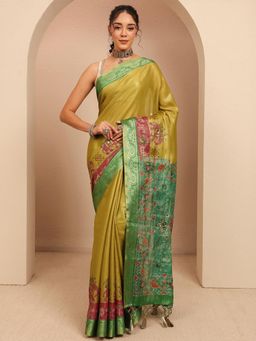 Libas - Green Zari Woven Design Border Saree With Unstitched Blouse