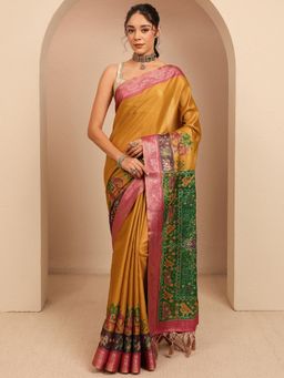 Libas - Yellow Solid Zari Woven Design Border Saree With Unstitched Blouse