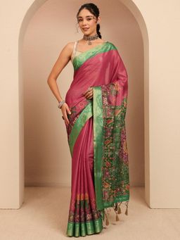 Libas - Pink Solid Zari Woven Design Border Saree With Unstitched Blouse