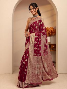 Libas - Maroon Ethnic Motif Zari Woven Design Border Saree With Unstitched Blouse
