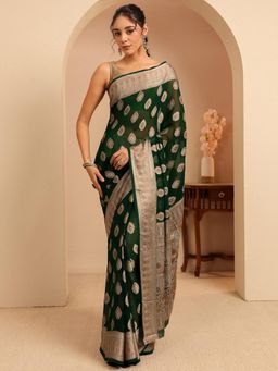 Libas - Green Ethnic Motif Zari Woven Design Border Saree With Unstitched Blouse