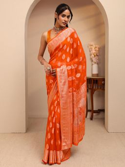 Libas - Orange Ethnic Motif Zari Woven Design Border Saree With Unstitched Blouse
