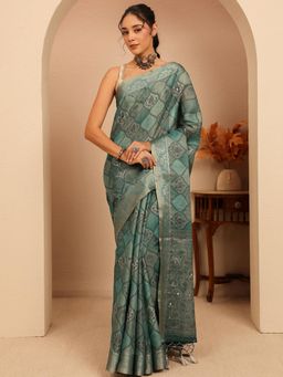Libas - Blue Floral Printed Zari Woven Design Border Saree With Unstitched Blouse