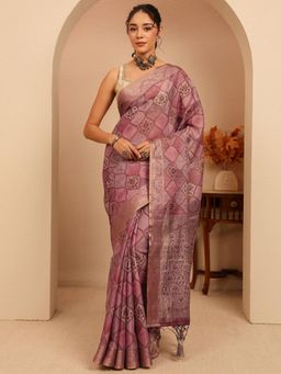 Libas - Mauve Floral Printed Zari Woven Design Border Saree With Unstitched Blouse