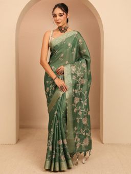 Libas - Green Floral Printed Fringed Border Saree With Unstitched Blouse