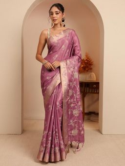 Libas - Pink Floral Printed Fringed Border Saree With Unstitched Blouse