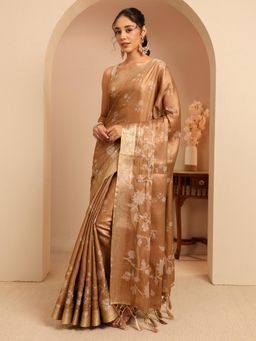 Libas - Brown Floral Printed Fringed Border Saree With Unstitched Blouse