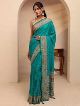 Libas - Blue Ethnic Motif Printed Border Saree With Unstitched Blouse