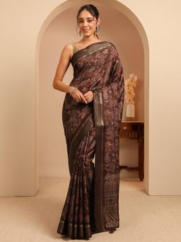 Libas - Burgundy Floral Printed Zari Woven Design Border Saree With Unstitched Blouse
