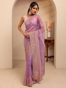 Libas - Purple Floral Zari Embroidered Border Saree With Unstitched Blouse