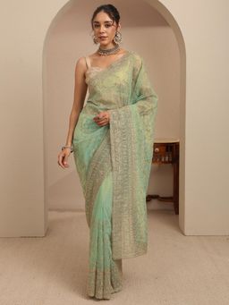 Libas - Green Floral Zari Embroidered Border Saree With Unstitched Blouse