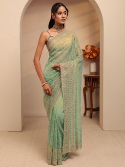Libas - Green Floral Zari Embroidered Border Saree With Unstitched Blouse
