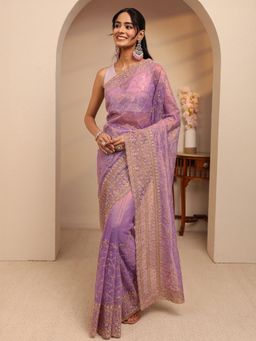 Libas - Purple Floral Zari Embroidered Border Saree With Unstitched Blouse