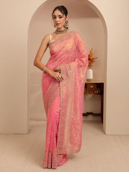 Libas - Peach Floral Zari Embroidered Border Saree With Unstitched Blouse