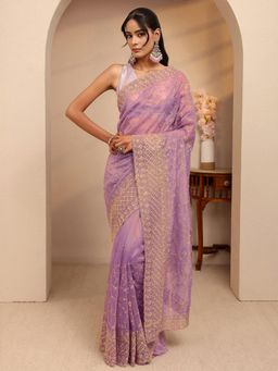 Libas - Purple Floral Zari Embroidered Border Saree With Unstitched Blouse