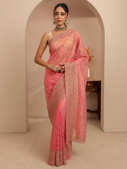 Libas - Peach Floral Zari Embroidered Border Saree With Unstitched Blouse