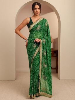 Libas - Green Bandhani Printed Zari Gotta Patii Border Saree With Unstitched Blouse
