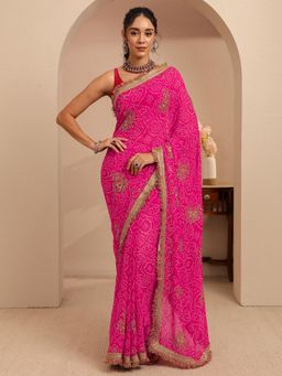 Libas - Pink Bandhani Printed Zari Gotta Patii Border Saree With Unstitched Blouse