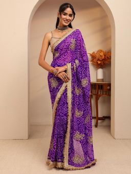 Libas - Purple Bandhani Printed Zari Gotta Patii Border Saree With Unstitched Blouse